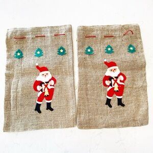 2 Vintage MCM Santa Scandinavian Christmas Hand Made Burlap Folk Art Gift Bags